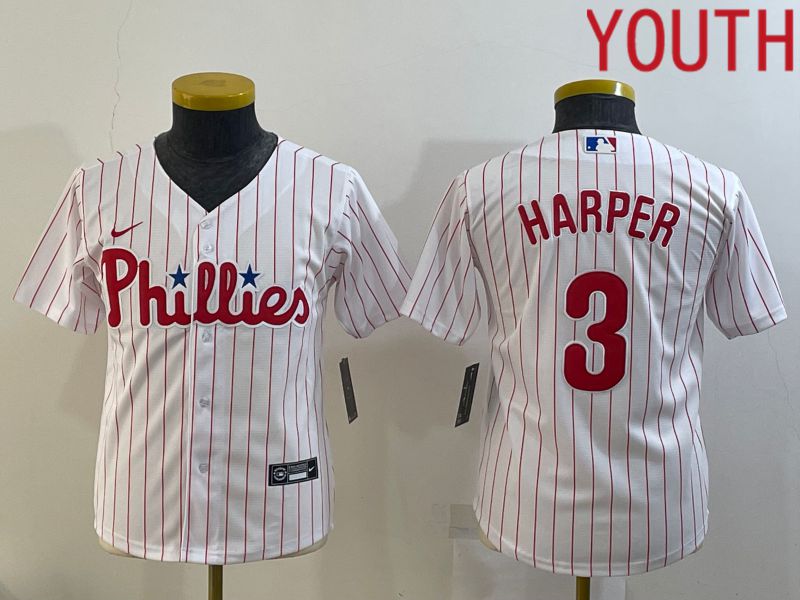 Youth Philadelphia Phillies #3 Harper White Stripe Game Nike 2022 MLB Jersey->youth mlb jersey->Youth Jersey